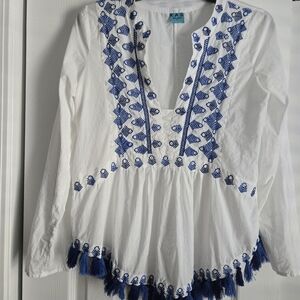 KAS design Boho Top White Top with Blue Embroidery